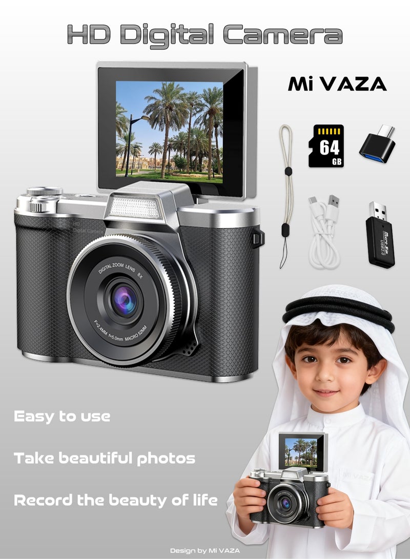 Mi VAZA Kid Digital Camera - CCD Camera - 1080P HD Point-and-Shoot Camera - Vlogging Camera - 2.4 Inch HD Flip Screen - 8X Digital Zoom - Image Stabilization - Built in LED Fill Light - Equipped with 64GB SD Card - kids Holiday Gifts - Image 1