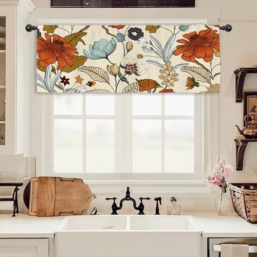 Miyotaa Vintage Flower Kitchen Curtain Valance 54W x 18H Rod Pocket Retro Burnt Orange Blossom Botanical Autumn Fall Window Treatment for Living Room Bedroom Bathroom - Image 1