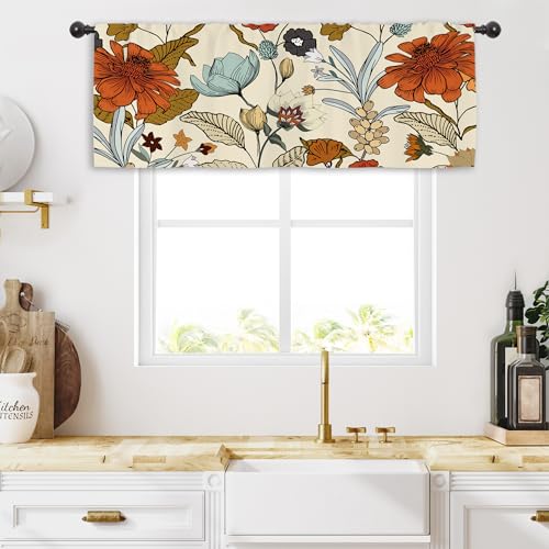 Miyotaa Vintage Flower Kitchen Curtain Valance 54W x 18H Rod Pocket Retro Burnt Orange Blossom Botanical Autumn Fall Window Treatment for Living Room Bedroom Bathroom - Image 4