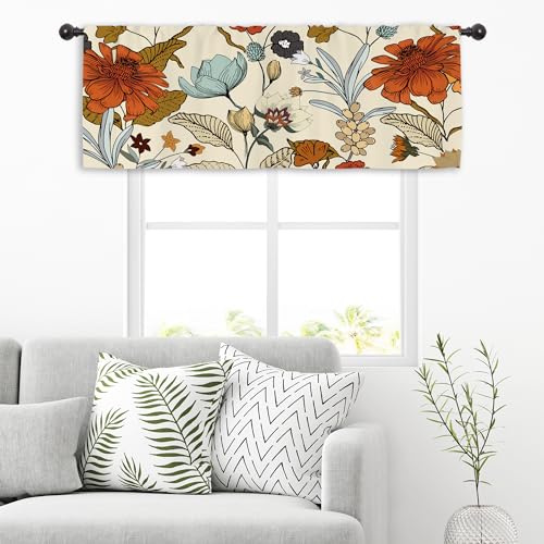Miyotaa Vintage Flower Kitchen Curtain Valance 54W x 18H Rod Pocket Retro Burnt Orange Blossom Botanical Autumn Fall Window Treatment for Living Room Bedroom Bathroom - Image 5