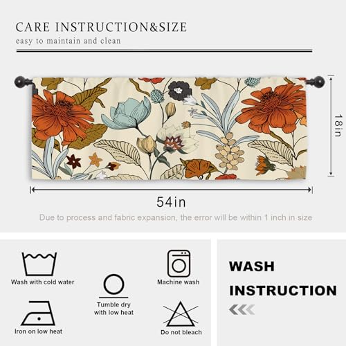Miyotaa Vintage Flower Kitchen Curtain Valance 54W x 18H Rod Pocket Retro Burnt Orange Blossom Botanical Autumn Fall Window Treatment for Living Room Bedroom Bathroom - Image 3
