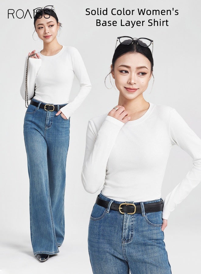 رويس تيشيرت نسائي بأكمام طويلة وقصة ضيقة وياقة دائرية، بخصر محدد قليلاً وأكتاف مستقيمة، مصنوع من مزيج قطني ناعم يسمح بمرور الهواء، مناسب للارتداء اليومي والعمل والمواعيد، لون أبيض - Image 3