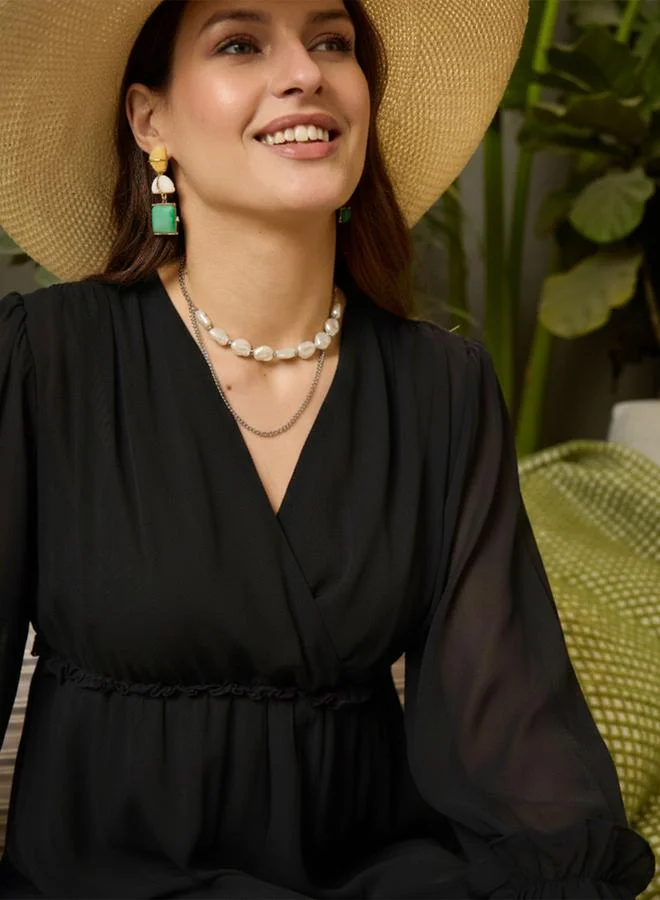 SASSAFRAS Black V-Neck Ruffled Hem Maxi Dress