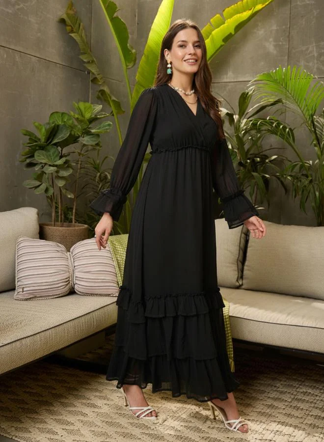 SASSAFRAS Black V-Neck Ruffled Hem Maxi Dress