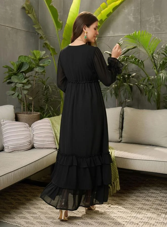 SASSAFRAS Black V-Neck Ruffled Hem Maxi Dress