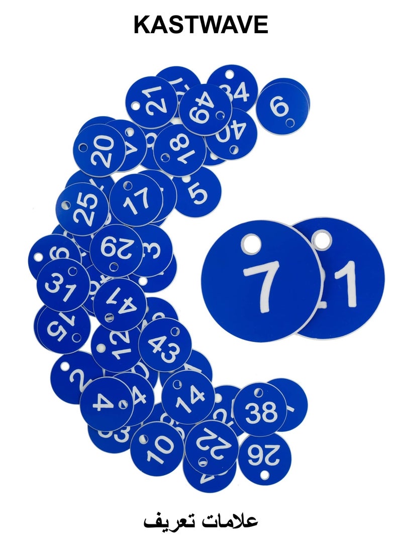 كاست ويف علامات أرقام الهوية البلاستيكية، علامات محفورة، علامات مفاتيح بدون حلقات مفاتيح لخزانة السكن الجامعي، الفندق، البار، المطعم، النوادي، المطعم، أرقام الطاولات (1-50، أزرق) - Image 1