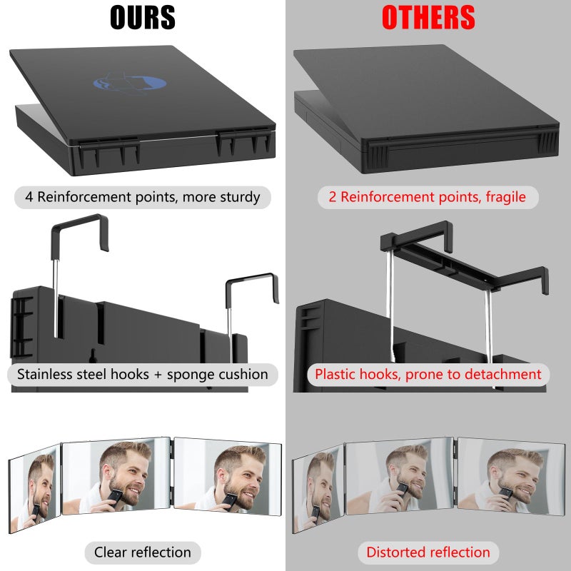OLIBUY 3 Way Mirror for Hair Cutting, Three Way Mirror for Shaver and Makeup, Height Adjustable with Two Hold Nails, 360 Viewing Angle, Clear Anti-Fog HD Glass - Image 3