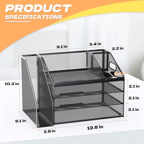 DocNest 4 Tier Paper Letter Tray File Organizer Mesh Desk File with Handle Workspace Desk Organizers with Pen Holder Office Organization Storage Accessories Black - Image 3