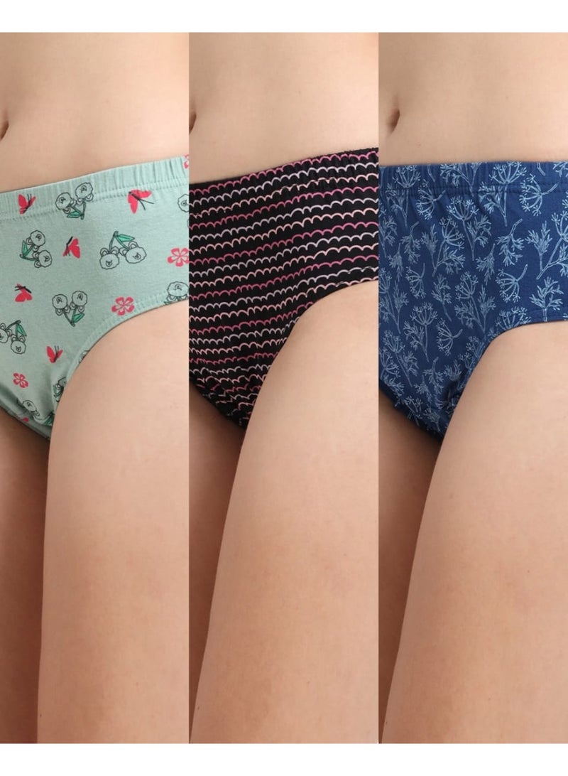 DUJE Women’s Printed Panties (3-Pack Combo 2 – Green, Black & Blue) | 95% Cotton 5% Spandex | Stretchable, Breathable, Sweat-Absorbing, Anti-Bacterial & Odour-Free Innerwear - Image 1