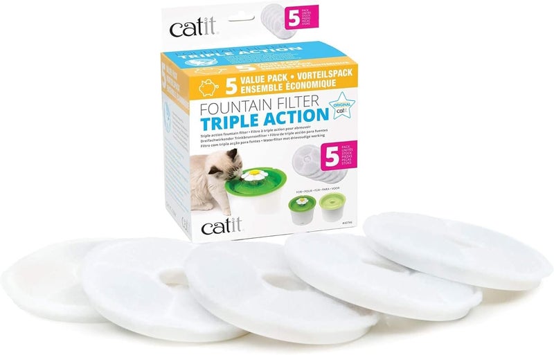 Catit Triple Action Replacement Original Water Fountain Filters, 5 Pack – Official Replacement Filters for Cat Drinking Water Fountains - Image 1