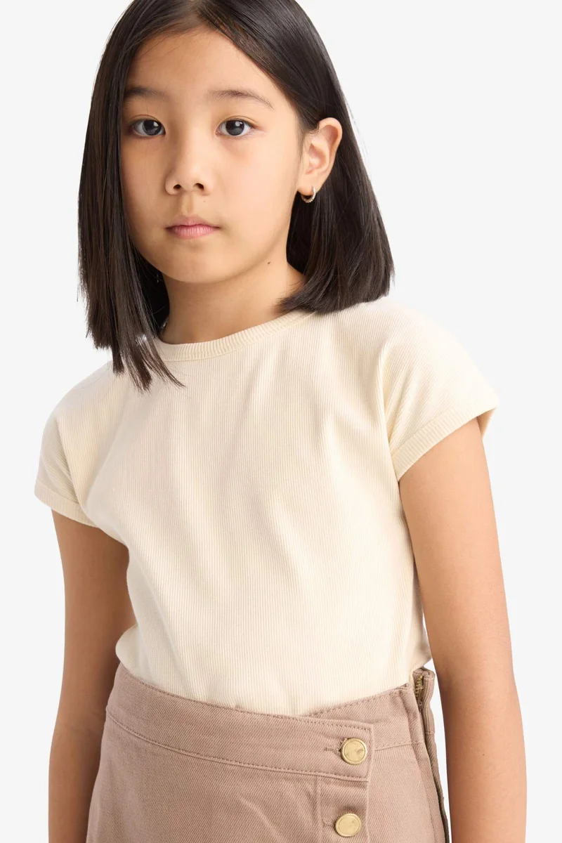 ديفاكتو Girl Slim Fit Crew Neck Basic Corduroy T-Shirt