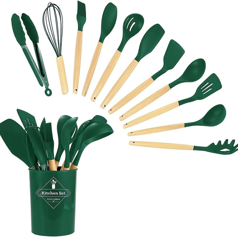 MARKQ طقم أدوات المطبخ 12 قطعة | أدوات طهي سيليكون بمقابض خشبية من الخيزران | طقم أدوات طهي غير لاصق وسهل التنظيف (أخضر داكن)