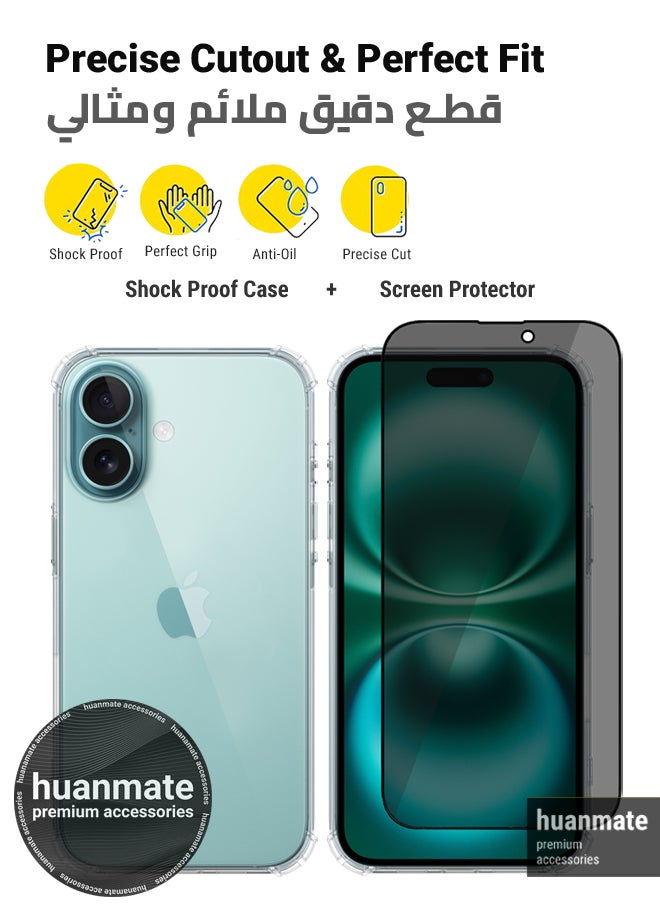 huanmate - 2 in 1 Apple iPhone 16 Protection Pack - Ultra Clear Shockproof Case & Anti-Peeping Privacy Glass Screen Protector, All-Round Defense with High Transparency & Easy Installation - Image 1