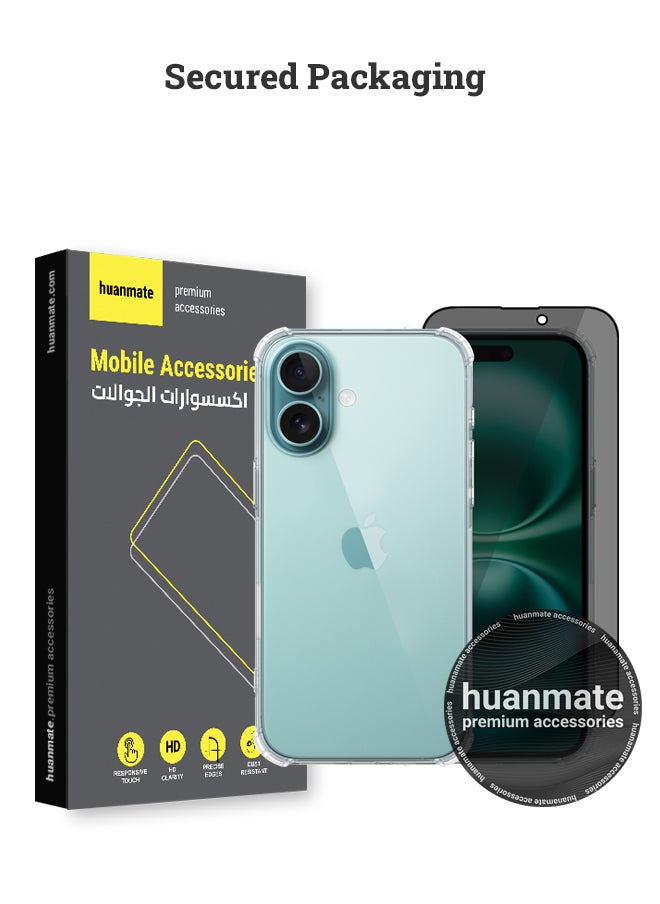huanmate - 2 in 1 Apple iPhone 16 Protection Pack - Ultra Clear Shockproof Case & Anti-Peeping Privacy Glass Screen Protector, All-Round Defense with High Transparency & Easy Installation - Image 1