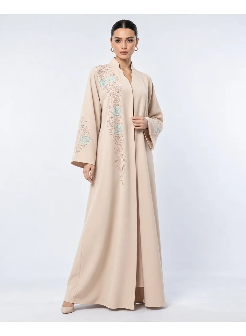 Aara Women's Beige Floral Beaded Abaya with Structured Collar and Wide Sleeves