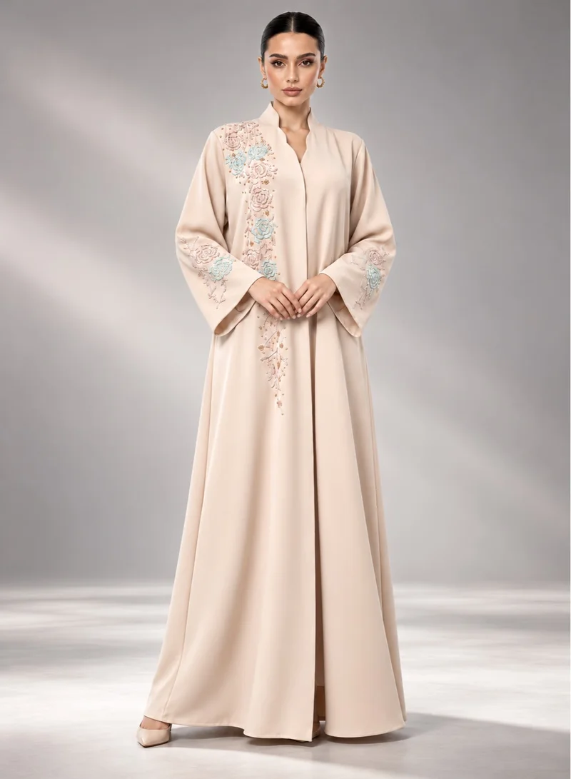 Aara Women's Beige Floral Beaded Abaya with Structured Collar and Wide Sleeves