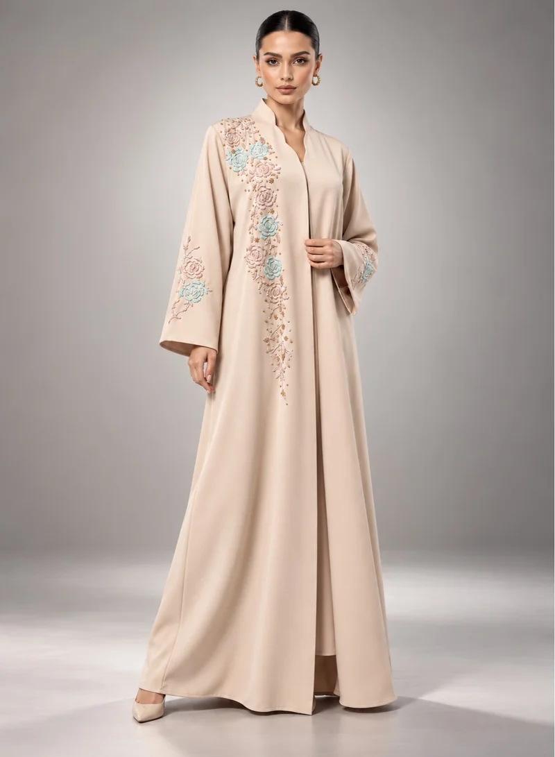 Aara Women's Beige Floral Beaded Abaya with Structured Collar and Wide Sleeves