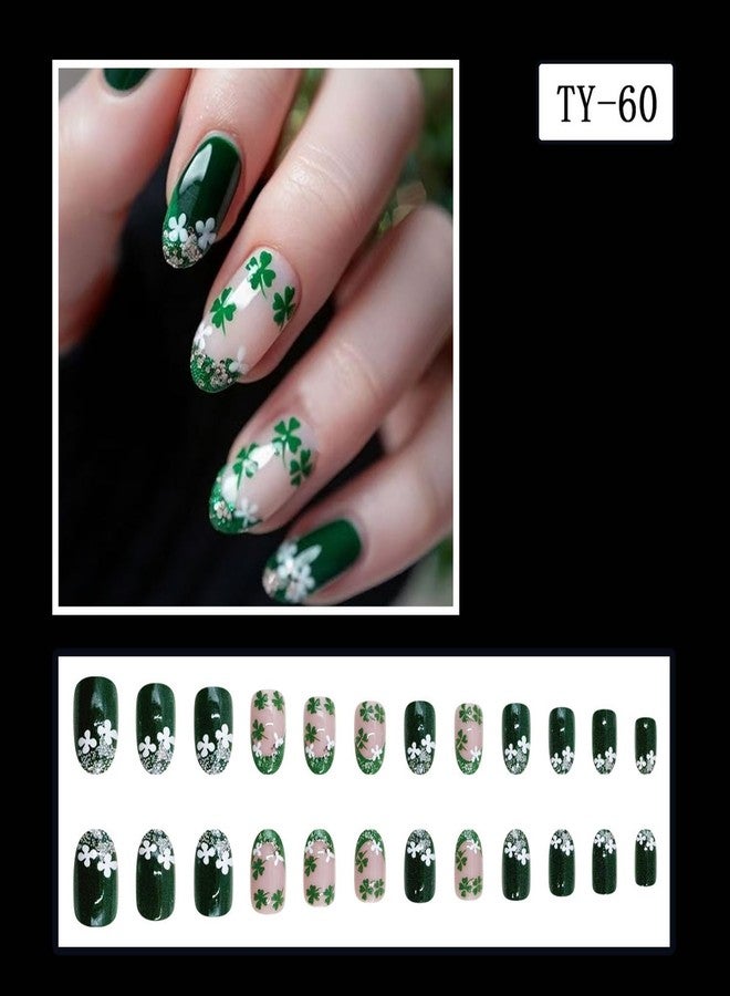 GRITOSE 24pcs St. Patrick's Day Press on Nail Almond Shape Fake Nails Green with Glitter designs French Tip Press ones Full Cover White Shamrock Stick on Nail Short Oval Glue on Nails for Women - Image 2