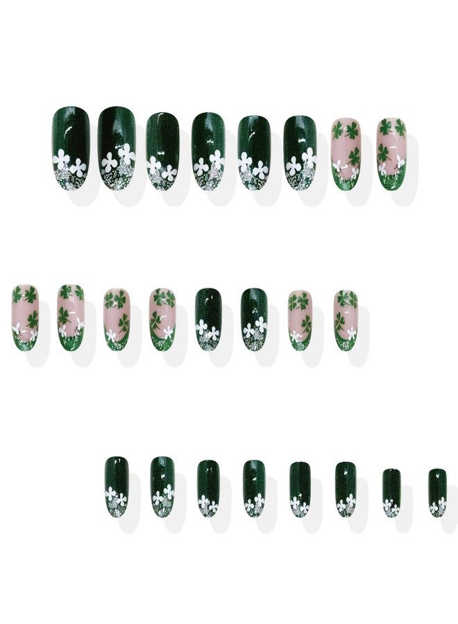 GRITOSE 24pcs St. Patrick's Day Press on Nail Almond Shape Fake Nails Green with Glitter designs French Tip Press ones Full Cover White Shamrock Stick on Nail Short Oval Glue on Nails for Women - Image 3