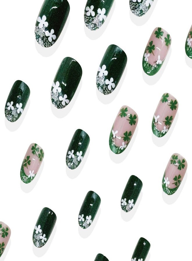 GRITOSE 24pcs St. Patrick's Day Press on Nail Almond Shape Fake Nails Green with Glitter designs French Tip Press ones Full Cover White Shamrock Stick on Nail Short Oval Glue on Nails for Women - Image 5
