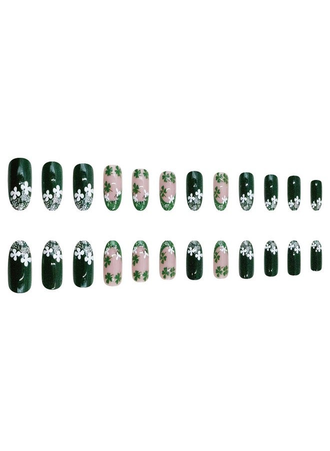 GRITOSE 24pcs St. Patrick's Day Press on Nail Almond Shape Fake Nails Green with Glitter designs French Tip Press ones Full Cover White Shamrock Stick on Nail Short Oval Glue on Nails for Women - Image 4