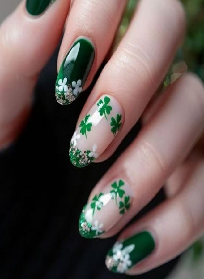 GRITOSE 24pcs St. Patrick's Day Press on Nail Almond Shape Fake Nails Green with Glitter designs French Tip Press ones Full Cover White Shamrock Stick on Nail Short Oval Glue on Nails for Women - Image 1