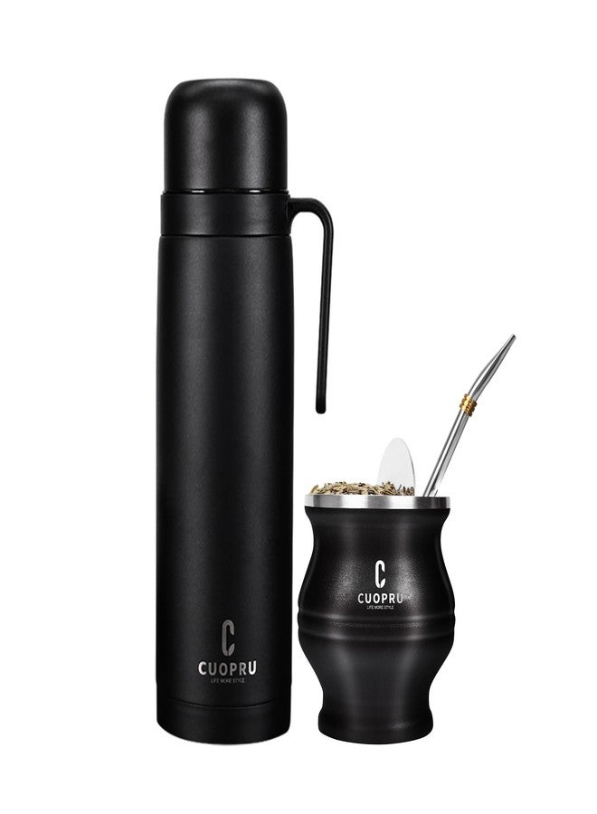 CUOPRU Yerba Mate Termo and Cup Set, Include Vacuum Insulated Bottle with Tea Separator, Bombilla Straw and Cleaning Brush, Black - Image 1