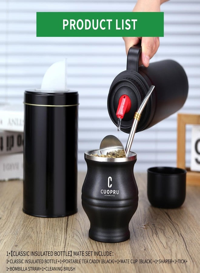 CUOPRU Yerba Mate Termo and Cup Set, Include Vacuum Insulated Bottle with Tea Separator, Bombilla Straw and Cleaning Brush, Black - Image 2