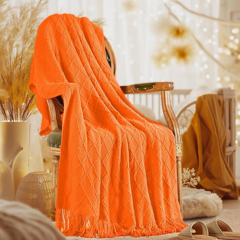 inhand Knitted Throw Blankets for Couch and Bed, Soft Cozy Knit Blanket with Tassel, Burnt Orange Lightweight Decorative Blankets and Throws, Farmhouse Warm Woven Blanket for Men and Women, 50"x60" - Image 1