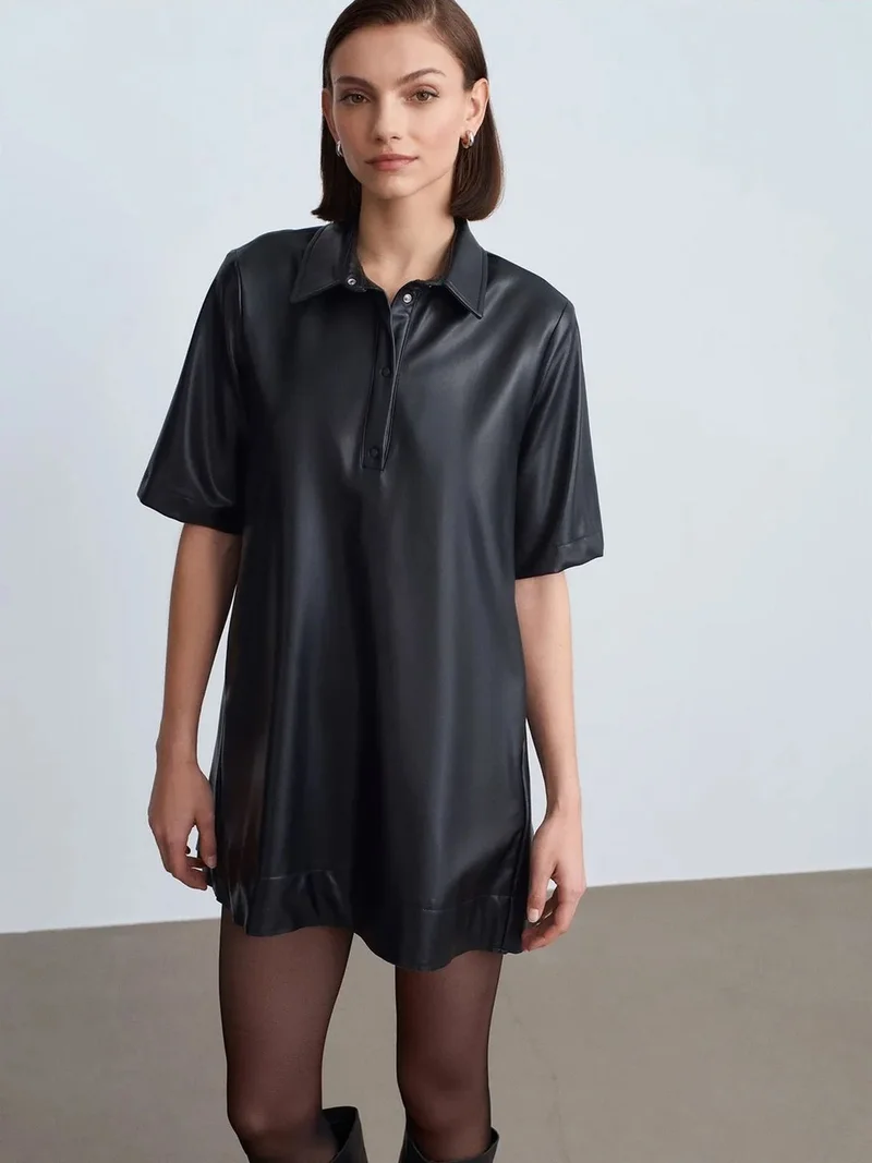 ديلفين DILVIN Loose Fit Faux Leather Mini Shirt Dress