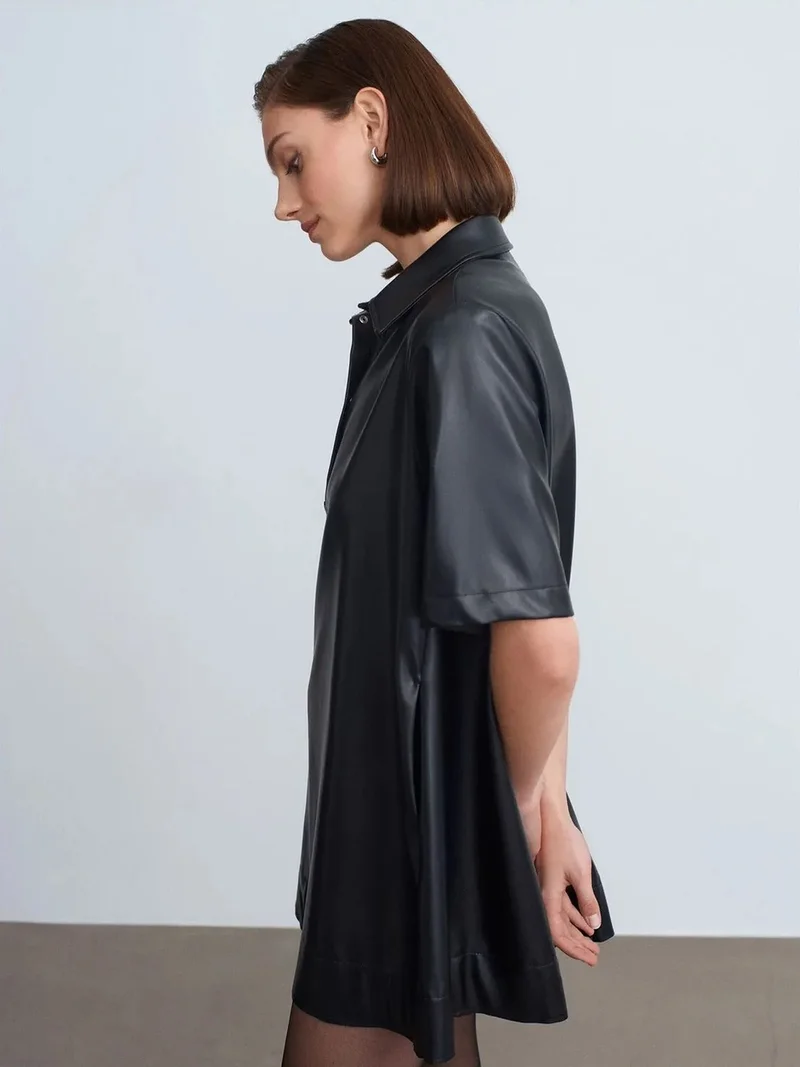 ديلفين DILVIN Loose Fit Faux Leather Mini Shirt Dress