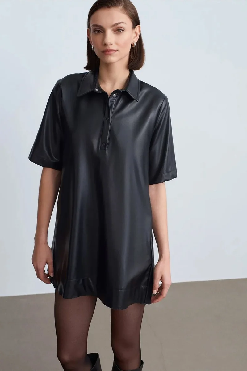 Dilvin Black DILVIN Loose Fit Faux Leather Mini Shirt Dress for Women | Best Price UAE