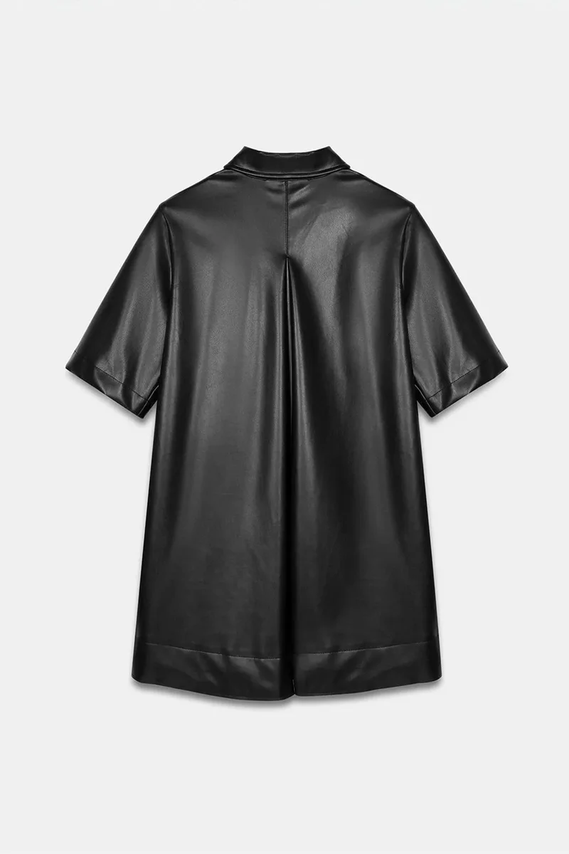Dilvin Black DILVIN Loose Fit Faux Leather Mini Shirt Dress for Women | Best Price UAE