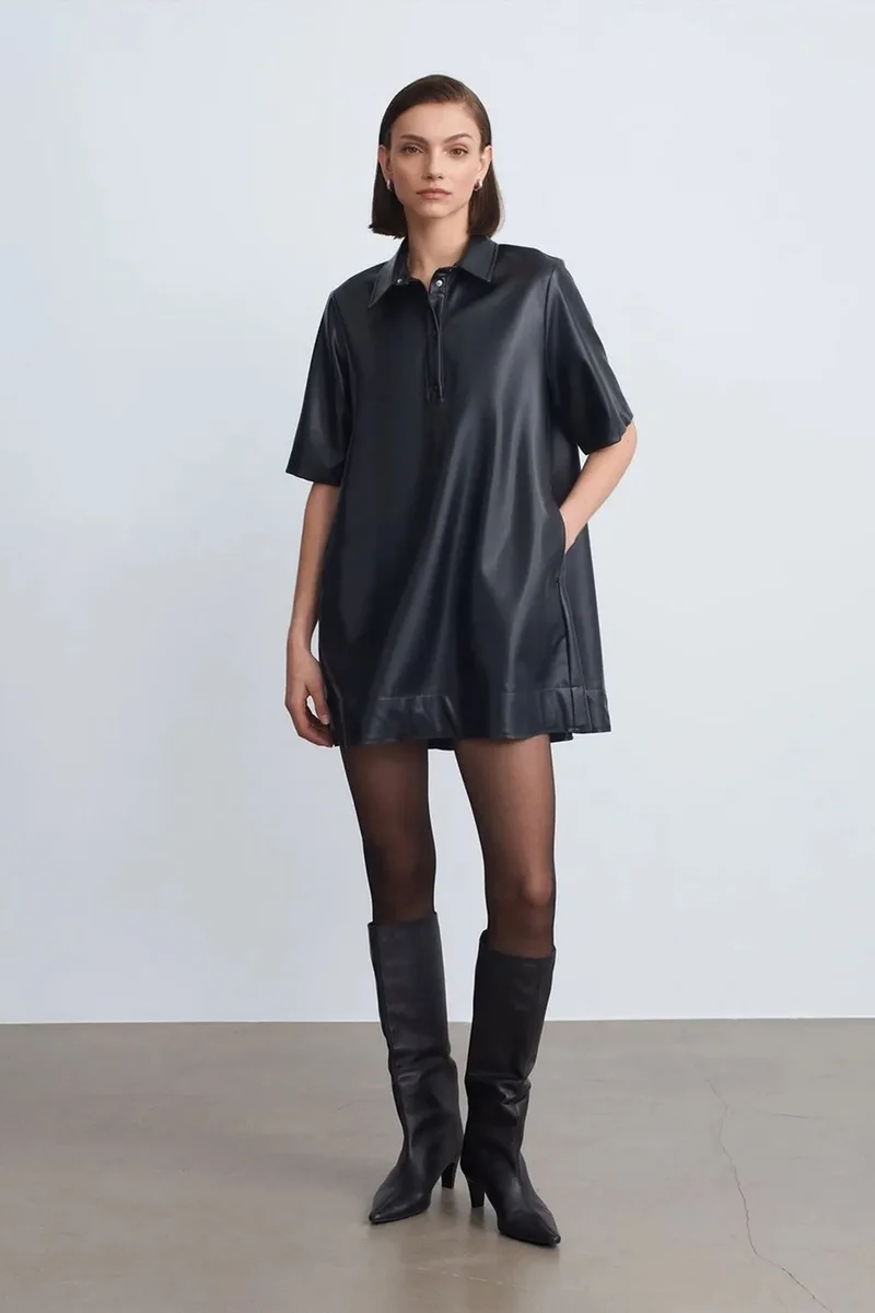 Dilvin Black DILVIN Loose Fit Faux Leather Mini Shirt Dress for Women | Best Price UAE