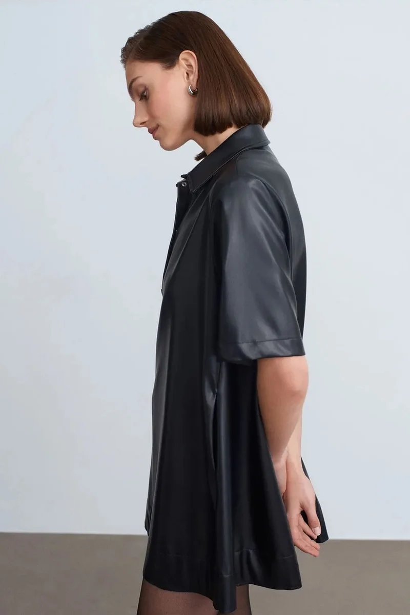 DILVIN Loose Fit Faux Leather Mini Shirt Dress