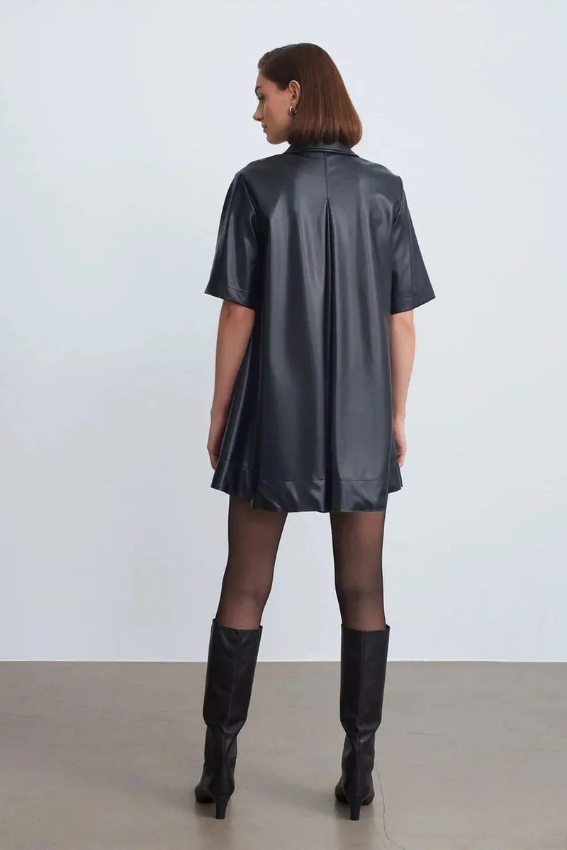 Dilvin Black DILVIN Loose Fit Faux Leather Mini Shirt Dress for Women | Best Price UAE
