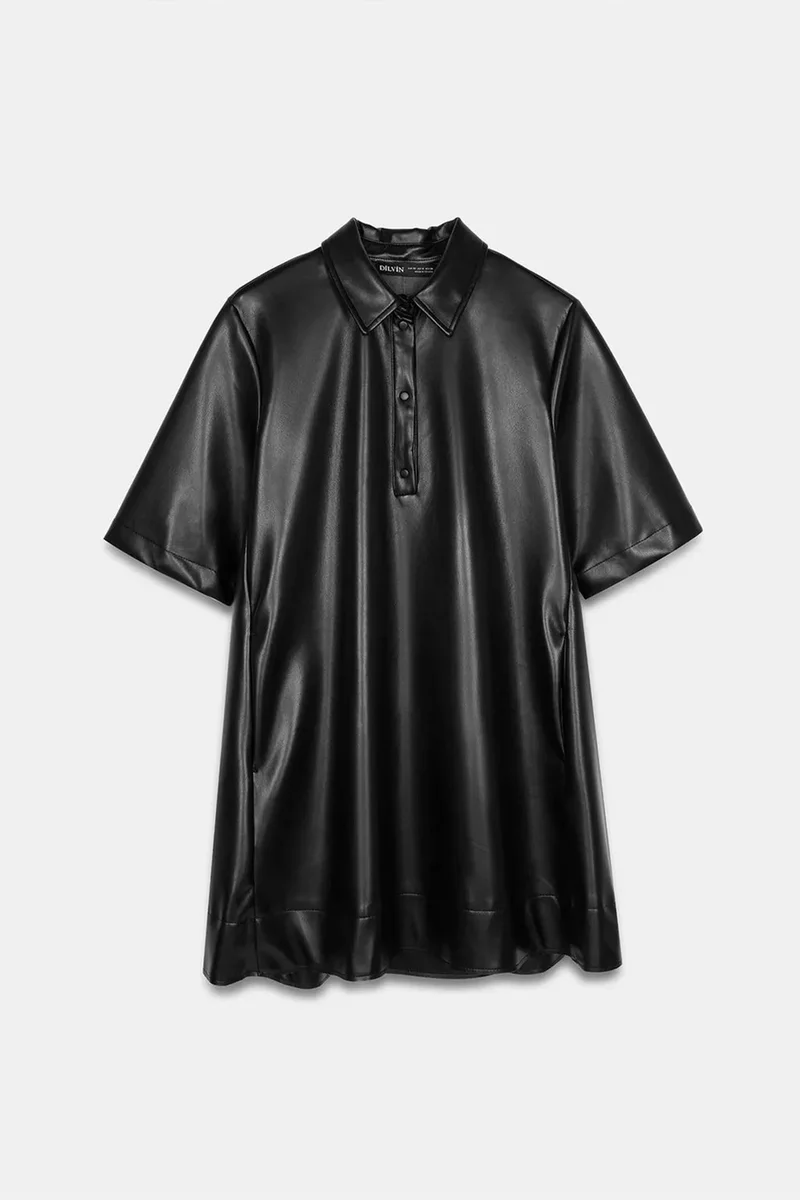 Dilvin Black DILVIN Loose Fit Faux Leather Mini Shirt Dress for Women | Best Price UAE