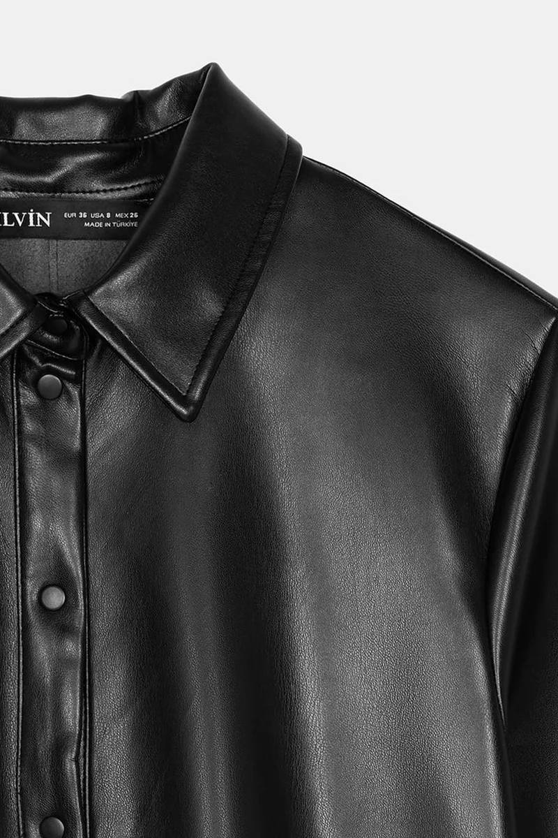 Dilvin Black DILVIN Loose Fit Faux Leather Mini Shirt Dress for Women | Best Price UAE