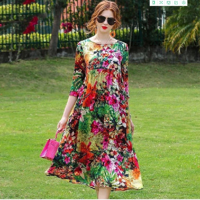 Summer loose new round neck short sleeve dress mothers printed large swing skirt plus size irregular floral skirt for women 949# [picture color]]