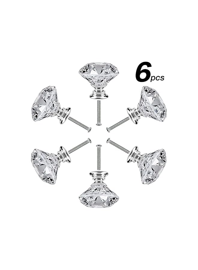 promass 6 PCS Cabinet Knobs with Screws, 30mm Drawer Handles Crystal Glass Diamond Shaped Cupboards Door Knobs (Silver) - Image 2