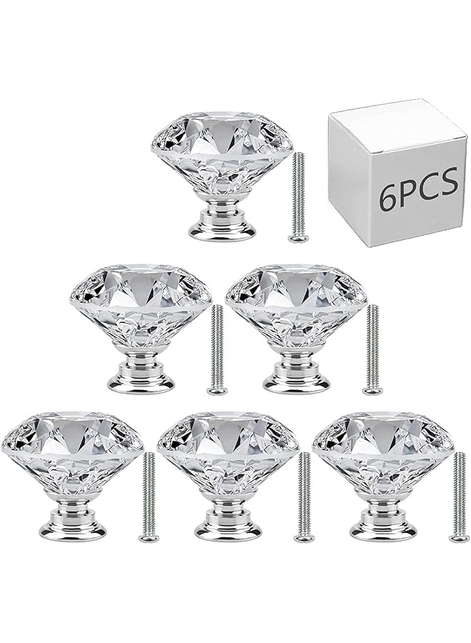 promass 6 PCS Cabinet Knobs with Screws, 30mm Drawer Handles Crystal Glass Diamond Shaped Cupboards Door Knobs (Silver) - Image 1