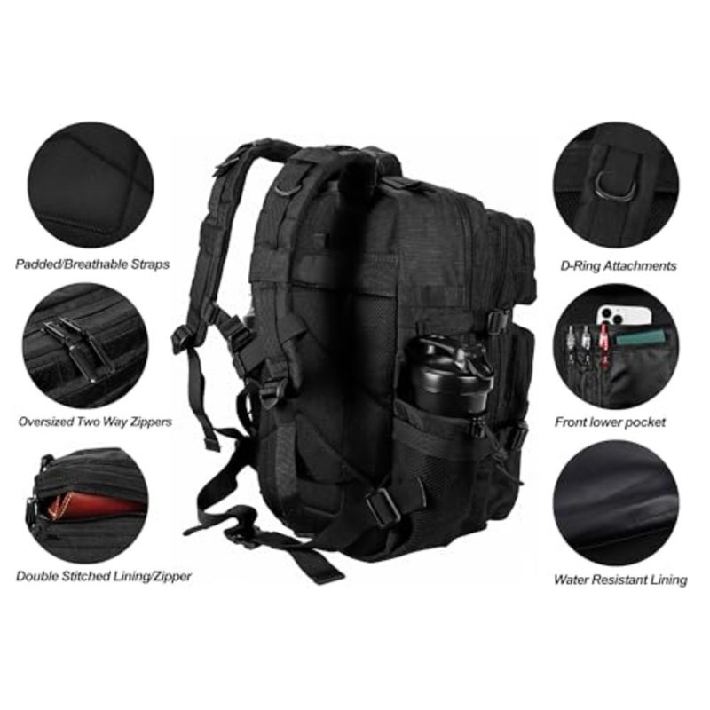 Military Tactical Backpack for Men and Women 45L Army 3 Days Assault Pack Bag Large Rucksack with Molle System - Black - Image 5