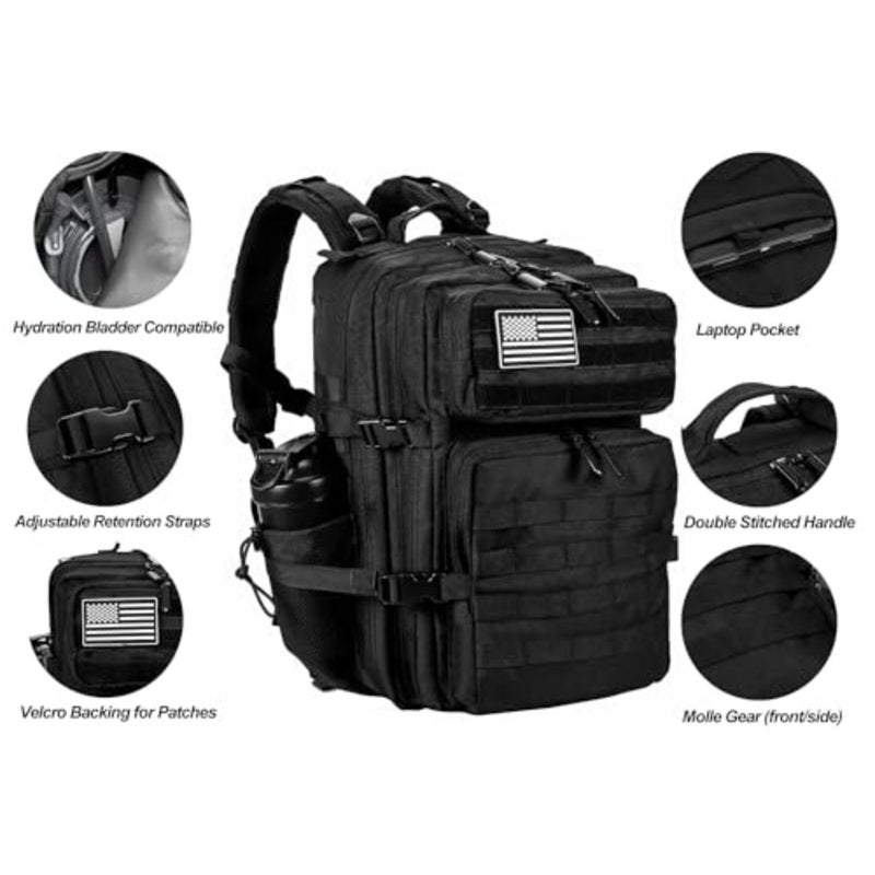 Military Tactical Backpack for Men and Women 45L Army 3 Days Assault Pack Bag Large Rucksack with Molle System - Black - Image 4