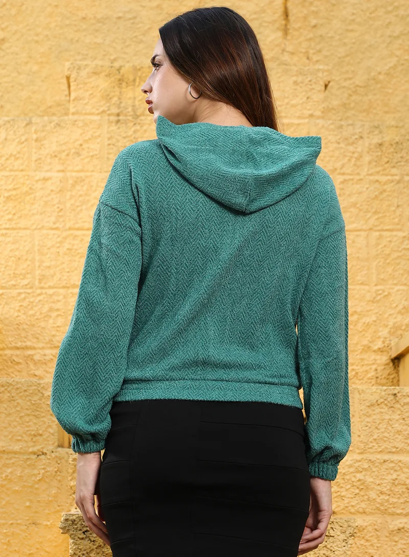 Campus Sutra Women's Sea Green Zip-Front Chevron Hoodie
