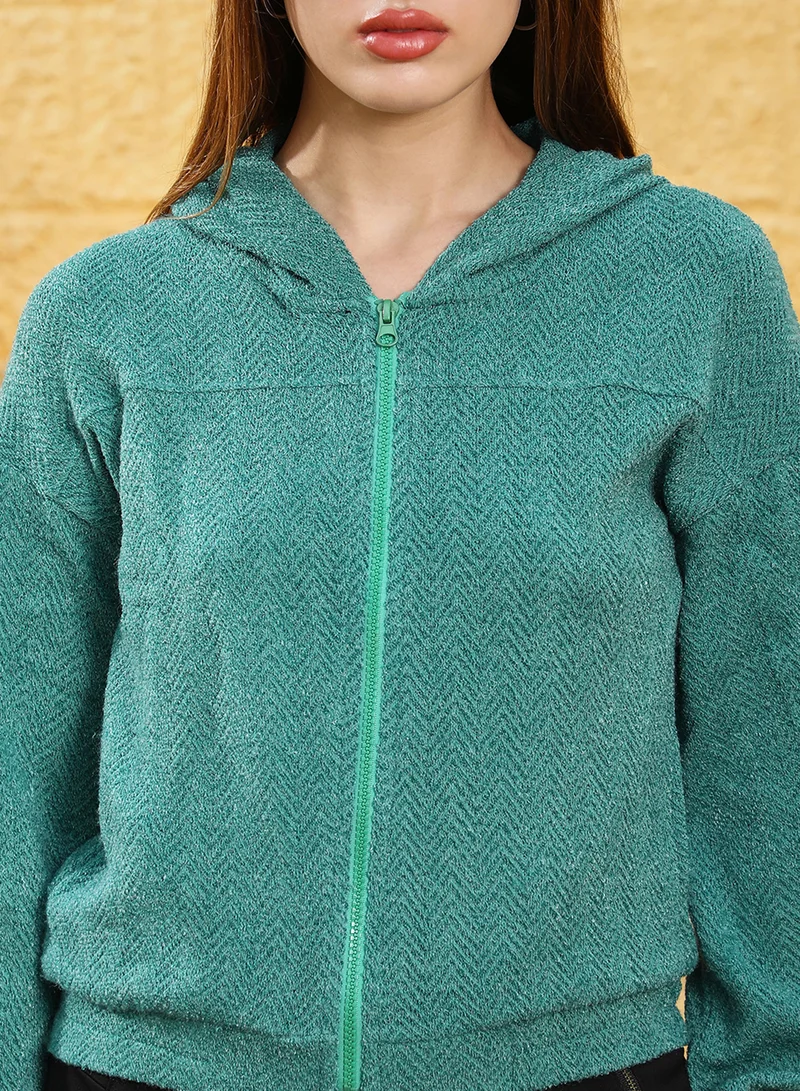 Campus Sutra Women's Sea Green Zip-Front Chevron Hoodie