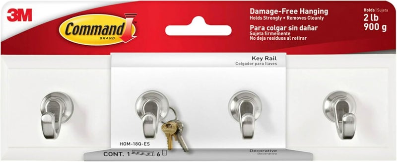 Command Key Rail, 8-inch Rail with 4 Key Hooks and 6 Strips, Quartz, Removable Key Hooks for Entryway or Hallway, Hang Keys, Hats, Dog Leashes, and Accessories, Holds up to 2 lb - Image 1