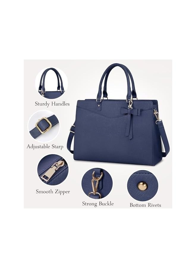 PROMASS Laptop Bag for Women, 15.6 Inch Waterproof PU Leather Tote Bag Business Computers Work Bag University Bag with Multiple Pockets Large Capacity Office Handbag Shoulder Bag (Blue)  - Image 2