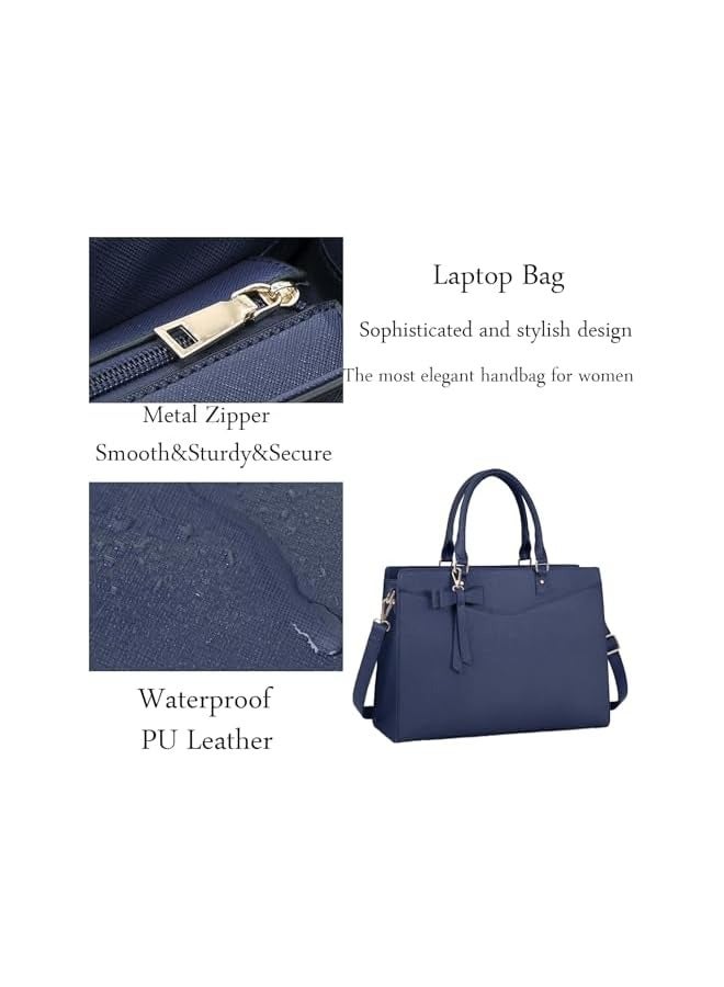 PROMASS Laptop Bag for Women, 15.6 Inch Waterproof PU Leather Tote Bag Business Computers Work Bag University Bag with Multiple Pockets Large Capacity Office Handbag Shoulder Bag (Blue)  - Image 3