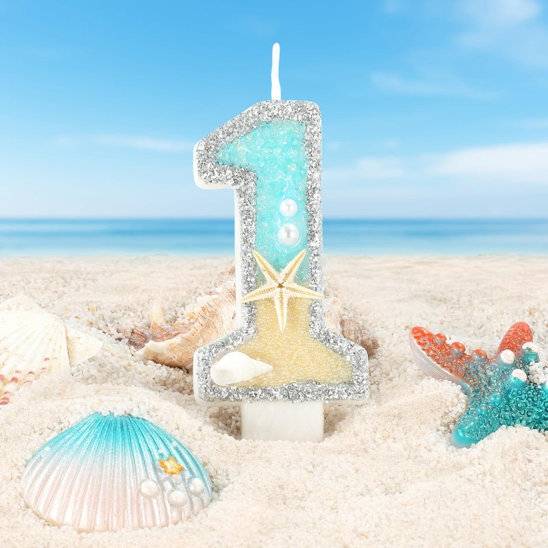 IDIJOLI Beach Birthday Candle Starfish Number 1 Candles 1st Cake Candle Blue Birthday Cake Topper Cupcake Decorations Party Decor Anniversary Celebrations Supplies Favors - Image 2