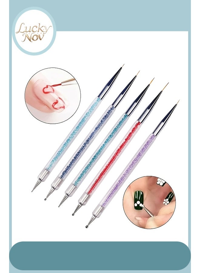 LuckyNov Double Head Nail Art Brushes 5 Pcs , Nail Art Dot Drill Drawing Brush Pen Manicure Care Tools Nail Brush Double Head Dot Painting Tool Set Nail Art Eyeliner Brush for Home DIY and Salon with Shiny Handle - Image 1